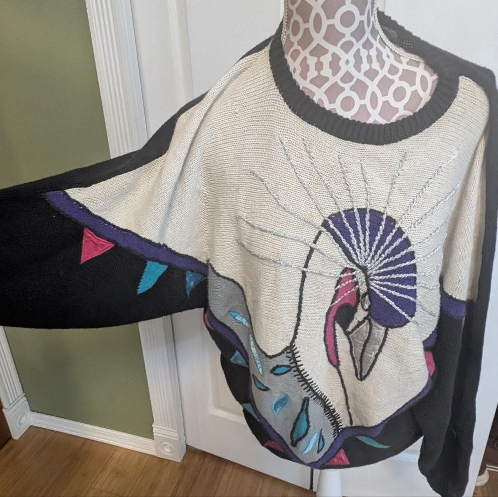 Vintage 80 90s Art to Wear Ramie Cotton Oversized embellished Swan Sweater
